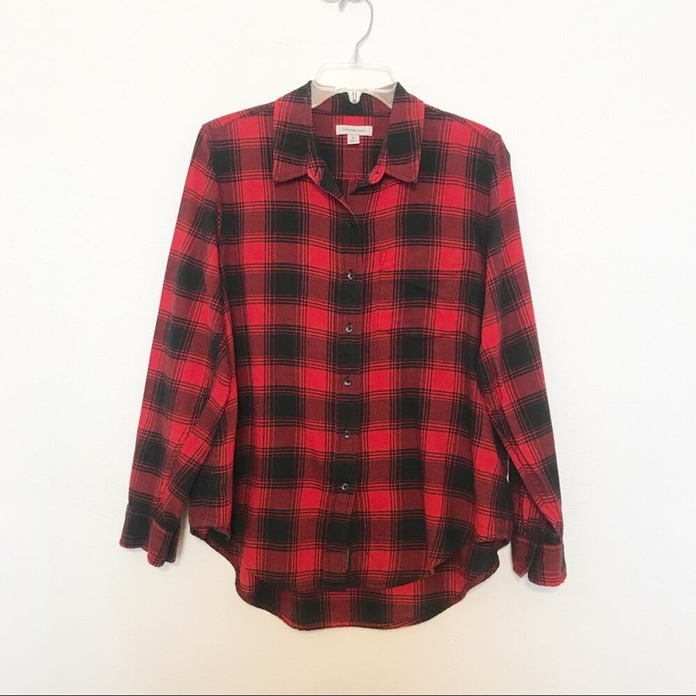 Calvin Klein Boyfriend Buffalo Plaid Button Up Tunic Top Red Medium